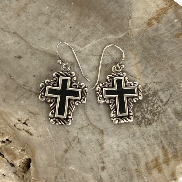 Sterling Silver 925 1.41" Black Enamel Scrollwork Cross Dangle Earrings 11g - Picture 5 of 16